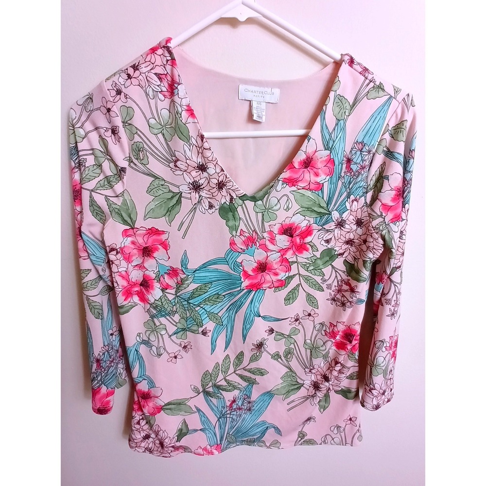 Charter Club Blouse Petite P/S Pink Excellent Floral Split Back V-Neck Top